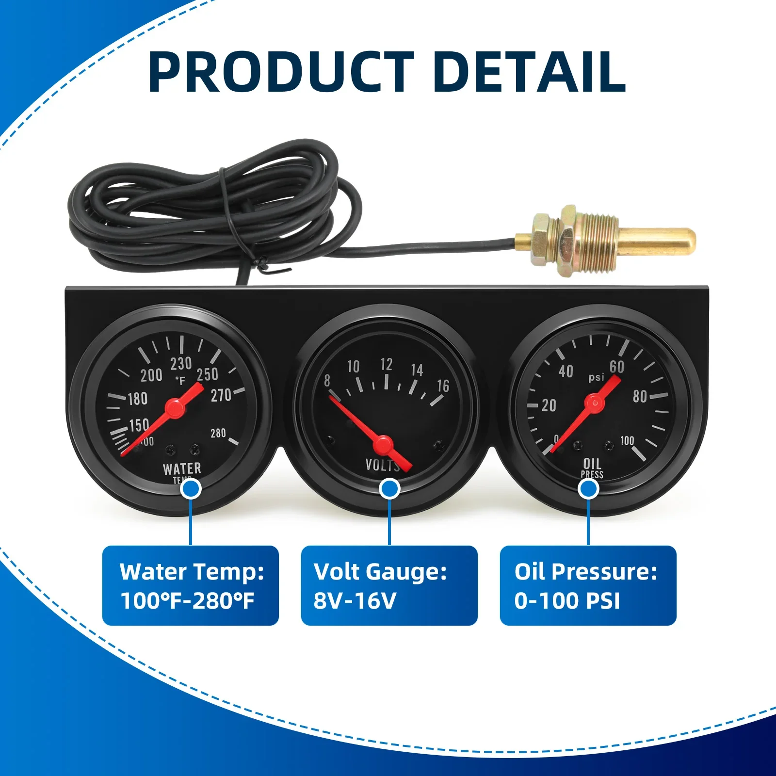 Digital 3 in 1 Triple Gauge Set Water Temp Oil Pressure Voltage Gauge 100-280℉ Water Temp Meter Black/White Gauge For Car 8-16V 4
