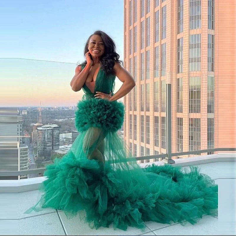 Robes à volants à plusieurs niveaux en tulle vert pour les patients transparents, robes longues sur mesure, col en V, séance photo, fête de mariage et de Rh