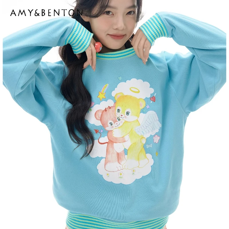 

Autumn Winter New Cute Animal Print Sports Women's Hoody Original Design Retro Loose Versatile Long Sleeve Sweatshirt Ladies