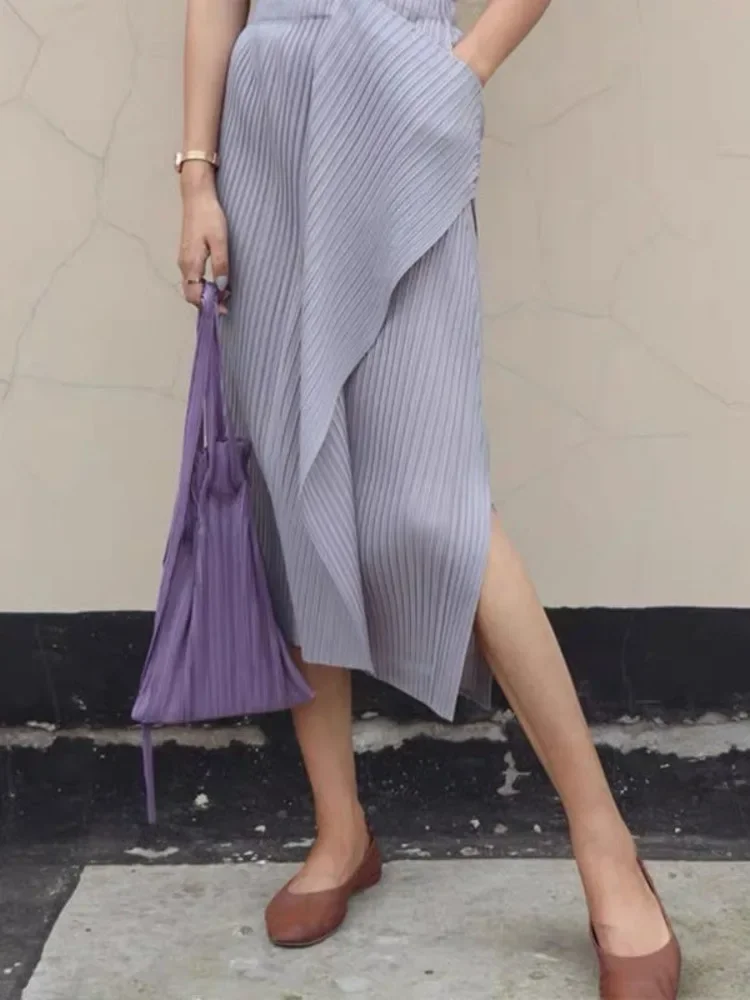 

Miyake 2025 Summer New Split Irregular New Pleated Women's Skirt Solid Colour Elastic Waist Women's Mid-Length Elegant Dress