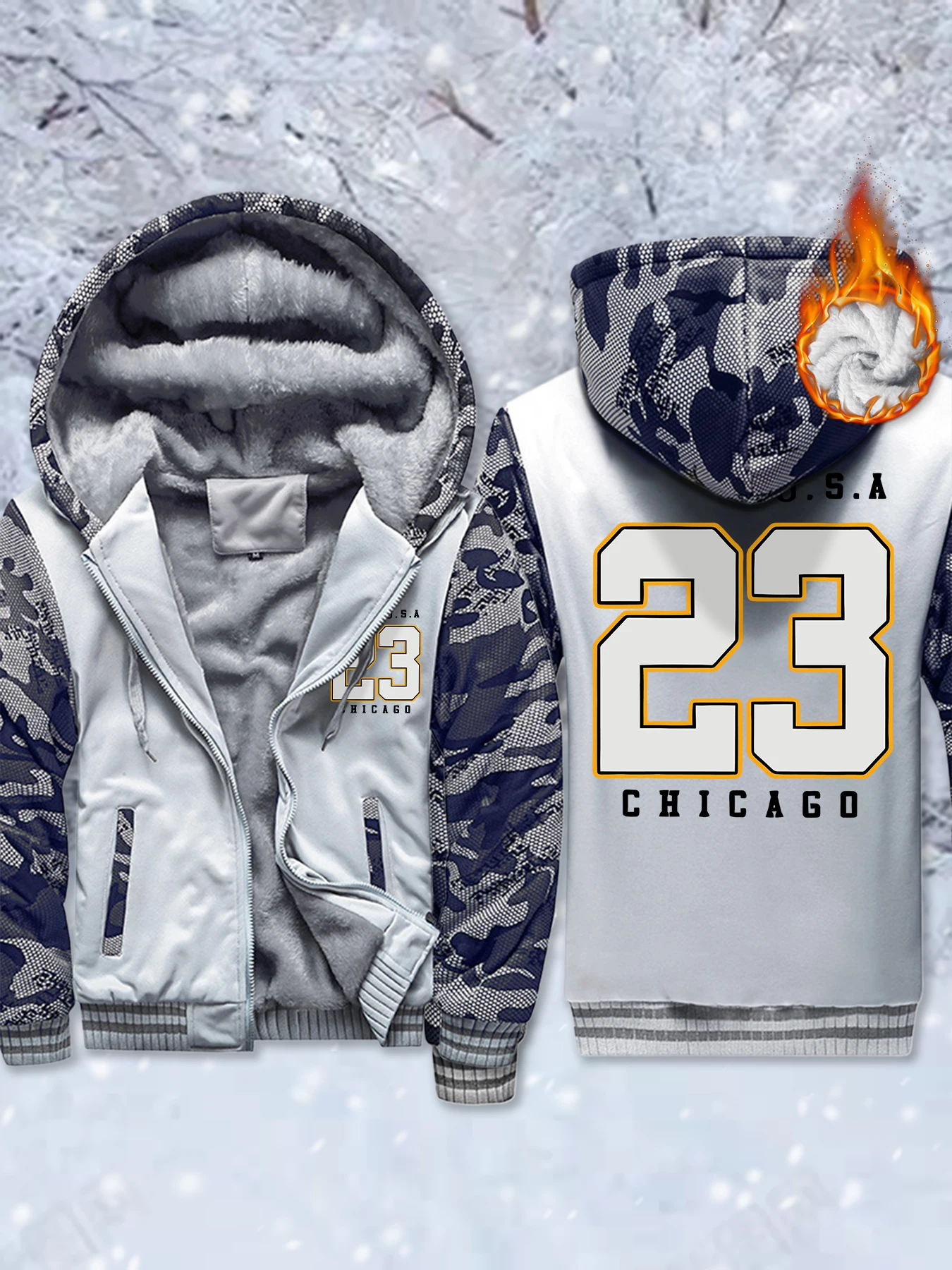 

Usa Chicago Number 23 Pattern Warm Fleece Jackets Unisex Comfy Soft Streetwear Winter Thicken Veste Pocket Zip-Up Hoodie Mens