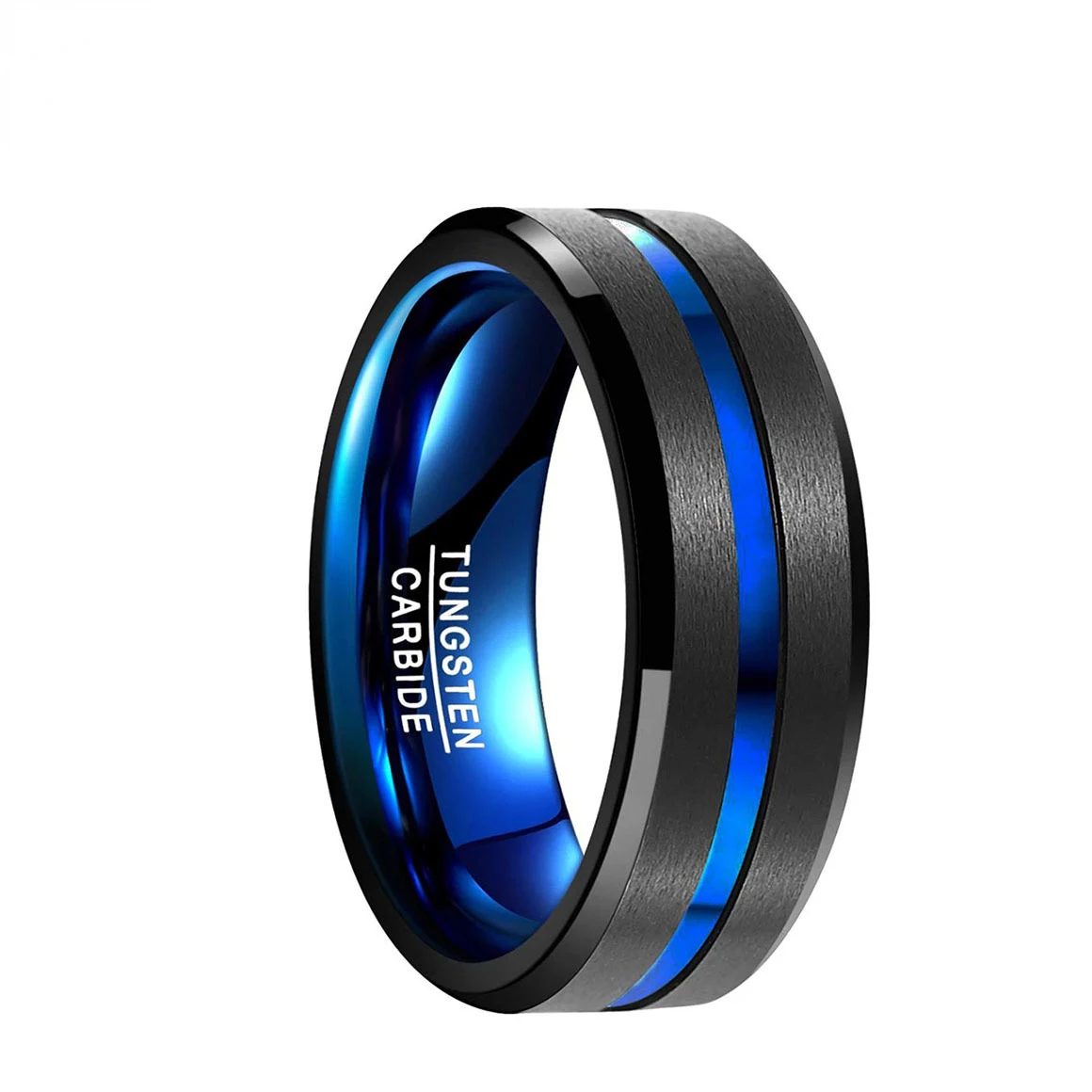 BONLAVIE New Men's Ring 8mm Tungsten Carbide Ring Blue Purple Tungsten Steel Ring Beveled Edge Wedding Band