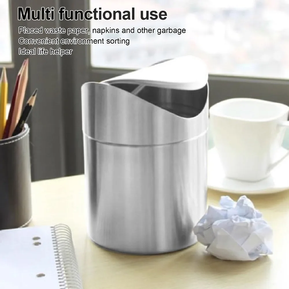 Sleek Stainless Steel Mini Trash Can Silver Swing Lid Desktop Trash Can Compact Size Swing Lid Trash Can Office