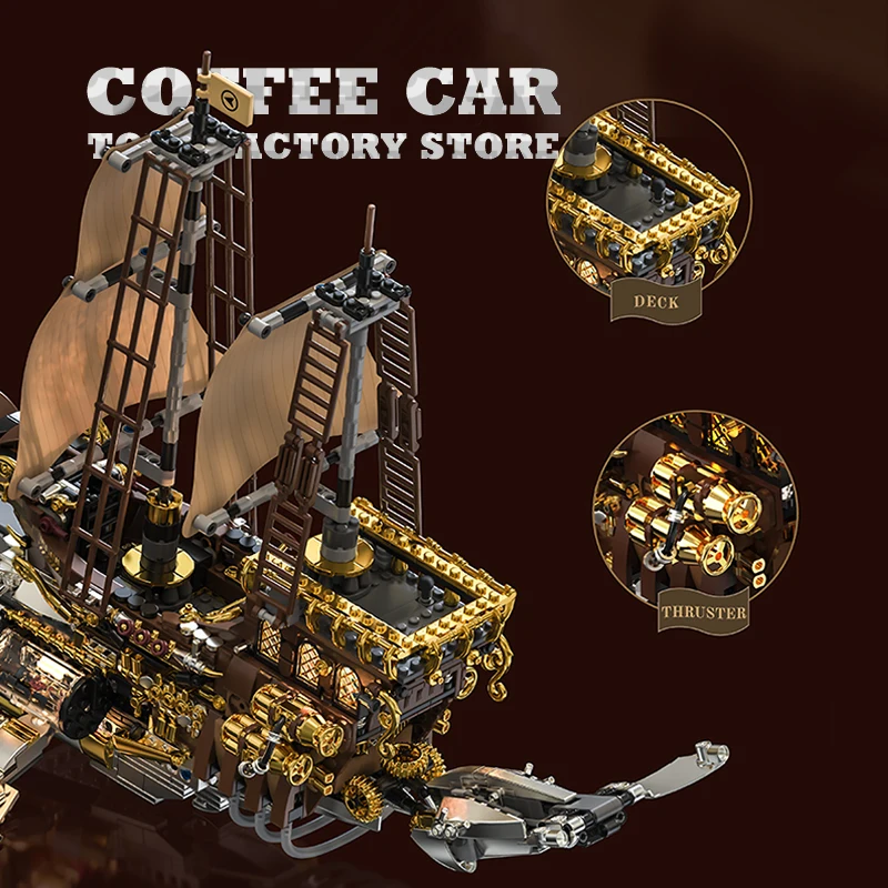 1979Pcs Creative Sci-Fi Whale Ship Building Blocks LED Cyberpunk Sailboat MOC Bricks Toys Mecha Pirate Boat Model Adult Gift NEW view 4