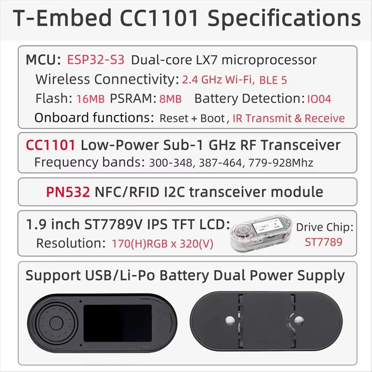 Mega Sale New T-Embed ESP32-S3 CC1101 Low-Power GHz RF Transceiver PN532 NFC RFID I2C Module LCD Board Battery 1300mAh