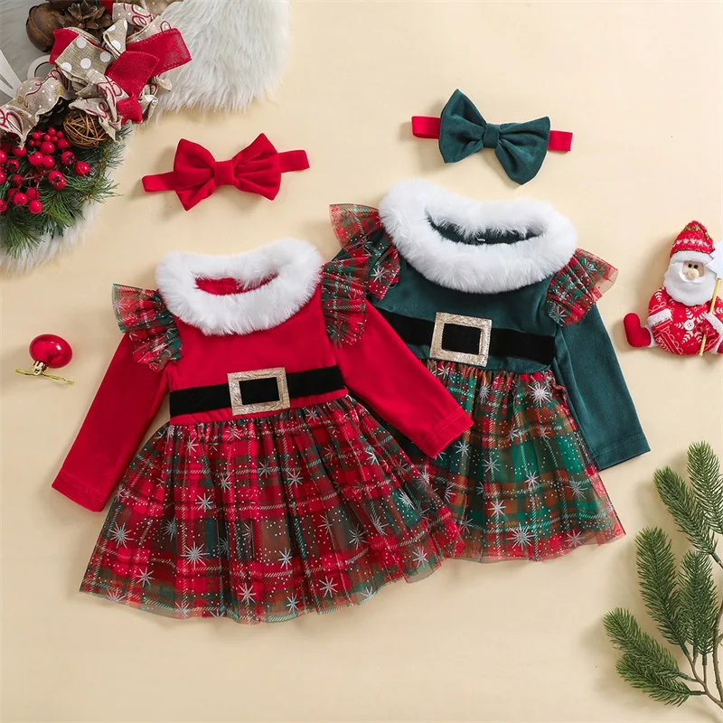 3M-3Y Baby Girls 2Piece Christmas Outfits Ruffled Long Sleeve Plush Round Neckline Tulle Dress + Bow Headband Set Infant Clothes