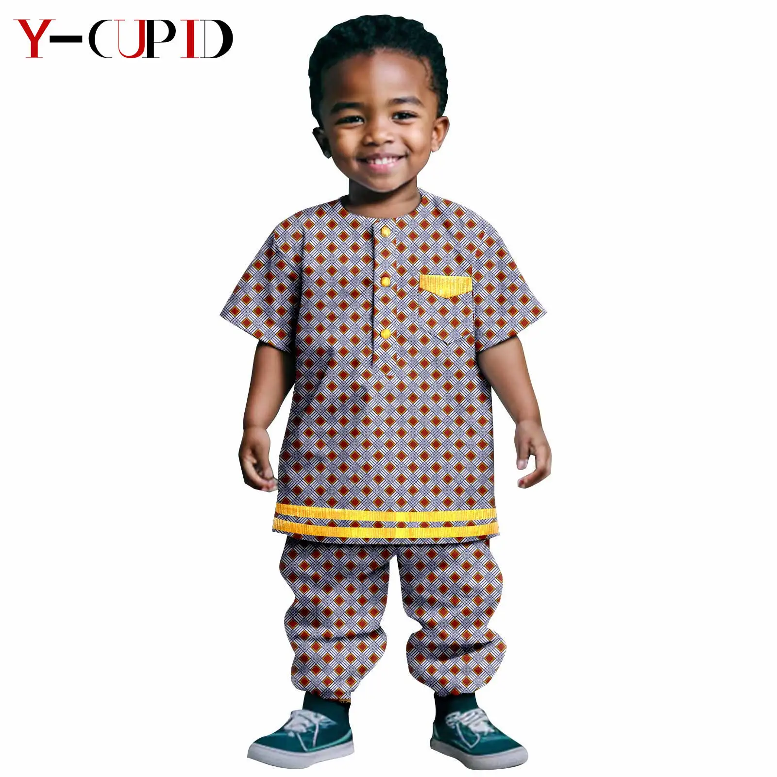 African Clothes for Boys Kid Outfits Dashiki Summer Cotton Print Top Shirt and Pant Sets Bazin Riche Children Outwear Y234032