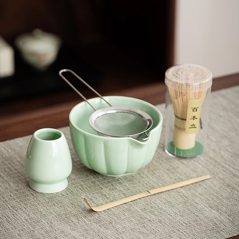 5-teiliges Set exquisites Matcha-Teeservice, matcha-Schüssel in Blütenblattform aus Keramik mit