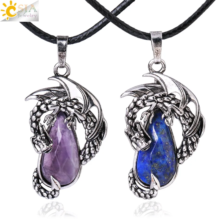 Healing Dragon Man Women Necklace Natural Stone Pendant Faceted Amethysts Pink Crystal Black Obsidian Necklaces Vintage Jewelry