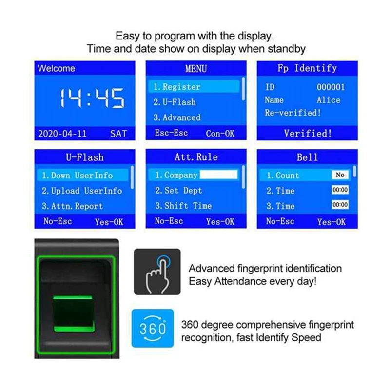 Control de Acceso de asistencia de huellas dactilares, teclado RFID, Control de acceso, grabador de reloj de tiempo eléctrico, gestión de datos USB con teclas