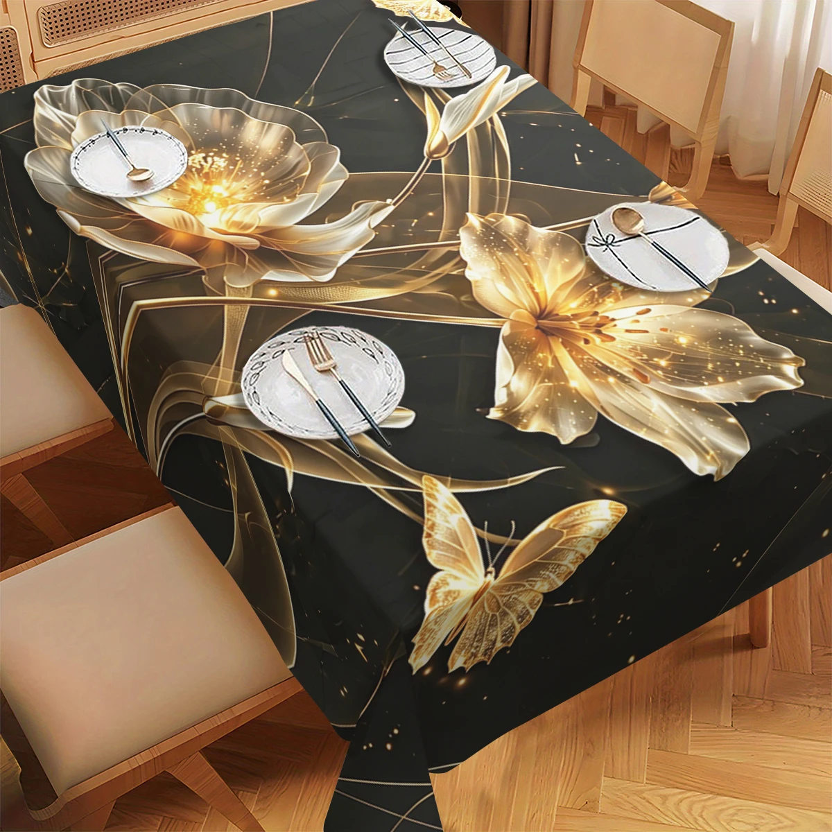 Gorgeous Peony Pattern Polyester Tablecloth - Stylish Striped & Polka Dot Table Cover for Home Dining, Party Table Decoration