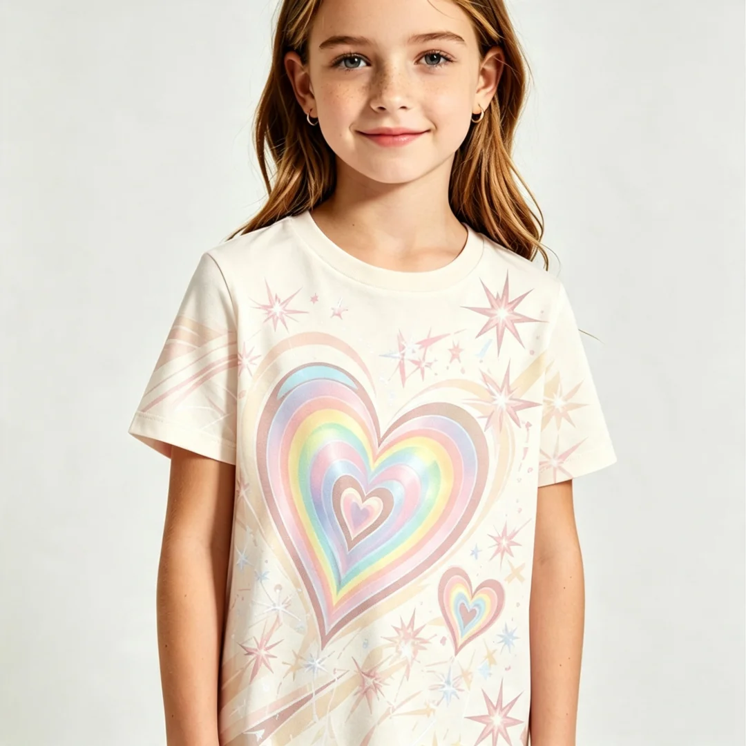 2026 Girls Rainbow Heart Star Print O Neck Short Sleeve Tee Breathable Daily Trendy Soft Light Premium Loose Summer Kids Top
