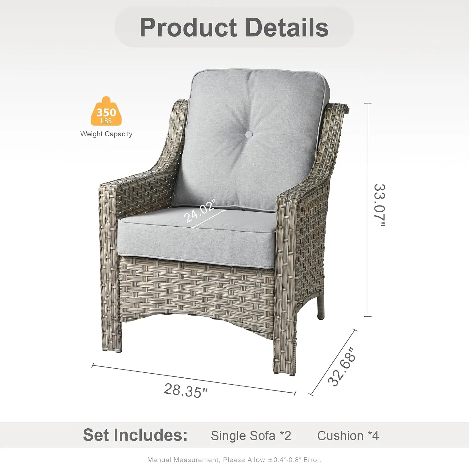 Patio Furniture 2 Chairs,Mix and Match Pieces,Grey Wicker Grey Cushion, Customized