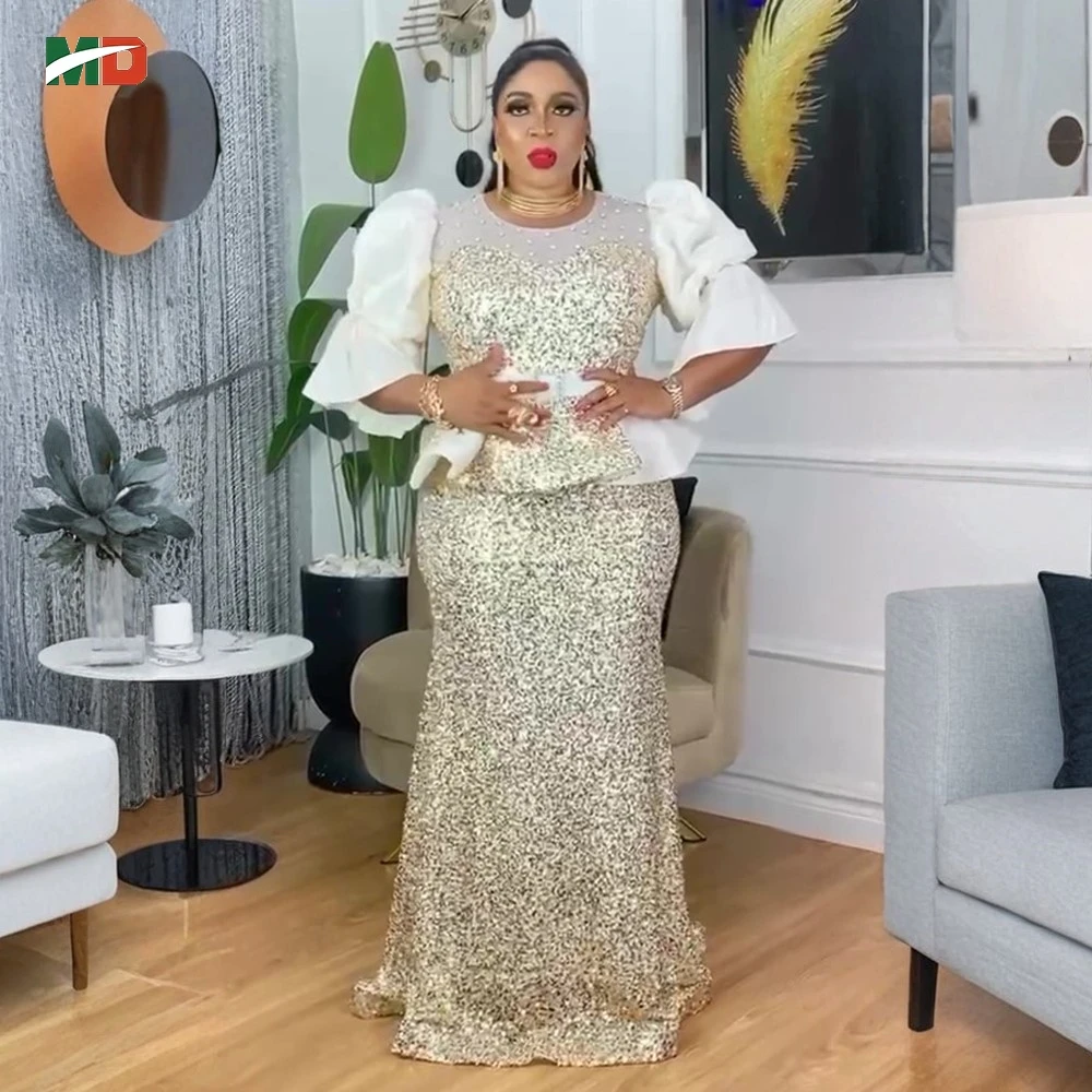

MD African Clothes For Women Dress 2025 New Fashion Evening Party Dress Vintage Pearl Gown Casual Vestidos Sequin Elegant Bubu