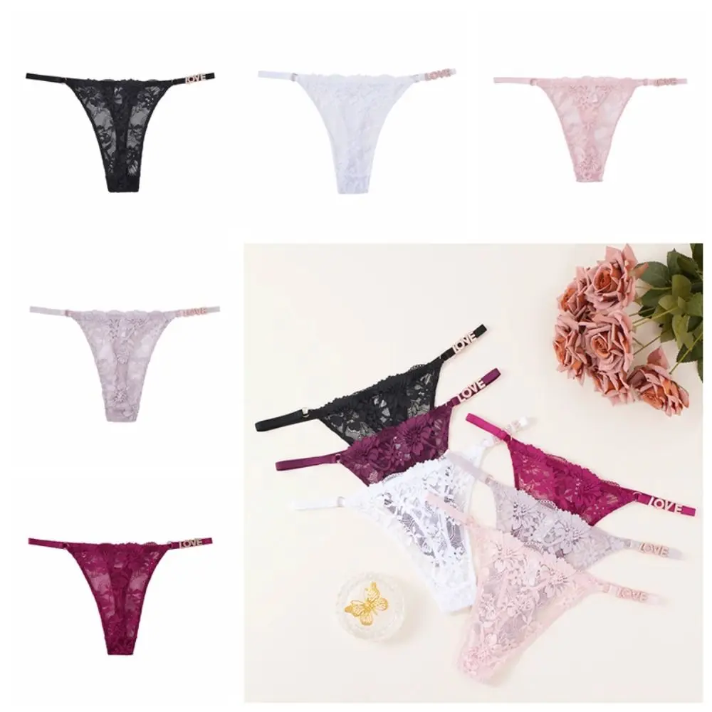 Sweet Rhinestone Letter Lace Panties Low Waist Seamless Women's Mesh Briefs Underpants Solid Color Thin Belt Thong Beach