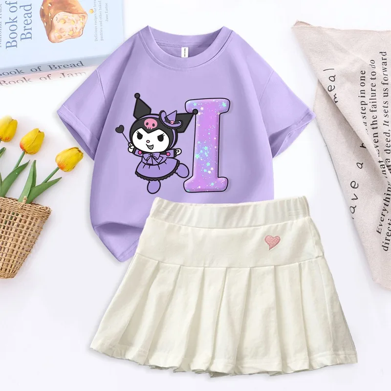 

2 шт., милая юбка Sanrio Kuromi, футболки, костюм для девочек, платье с принтом букв из мультфильма, топ с короткими рукавами, комплект, детская модная юбка