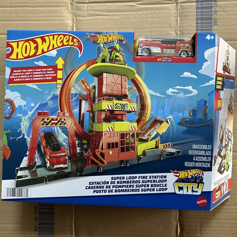 

Hot Wheels Steam Drop & Score HKX41 Race Track Set City Fire Station Hill Climb Gravity Launch Toy With 1 Car