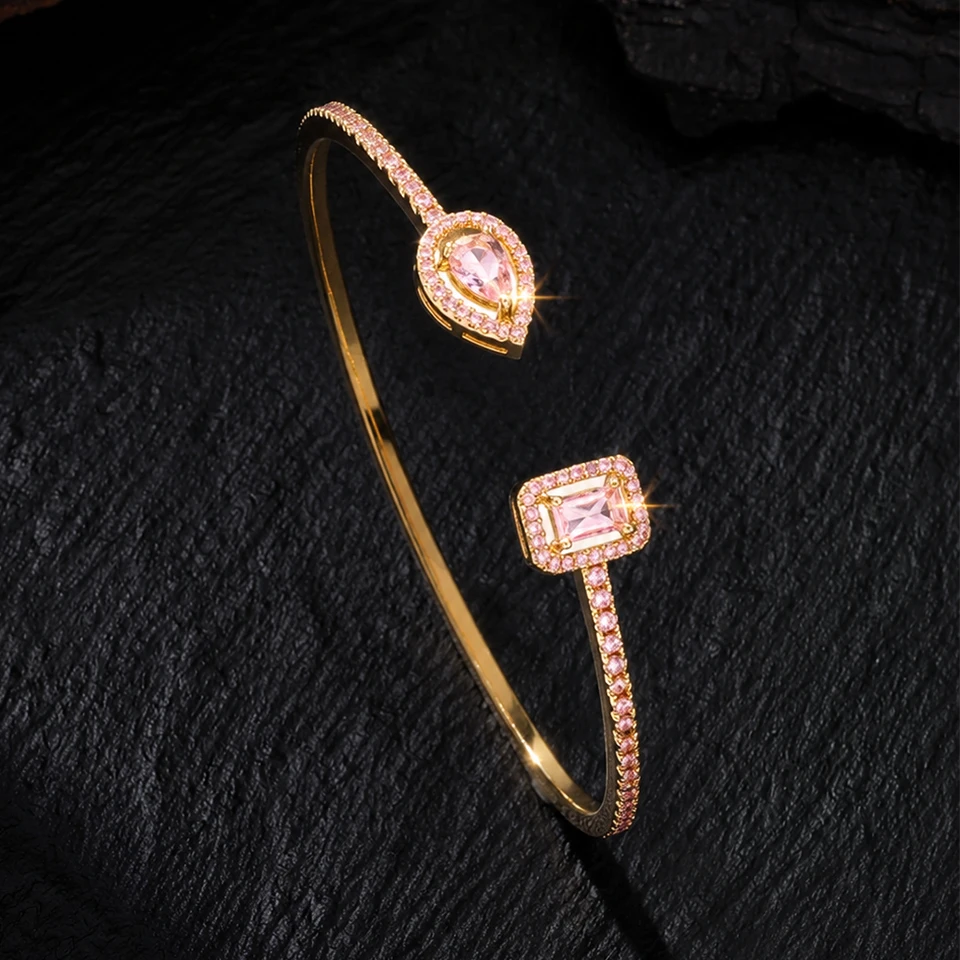 Geometric Water Drop Pink Cubic Zirconia Open Bracelets For Women Exquisite Wedding Party Jewelry Gifts