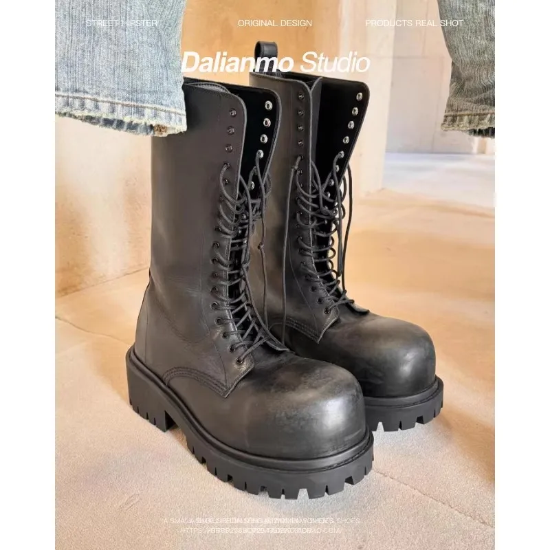 Big Round Toe Punk Block Heel Motorcycle Boots Platform Lace-Up Mid Calf Work Boots botas para moto