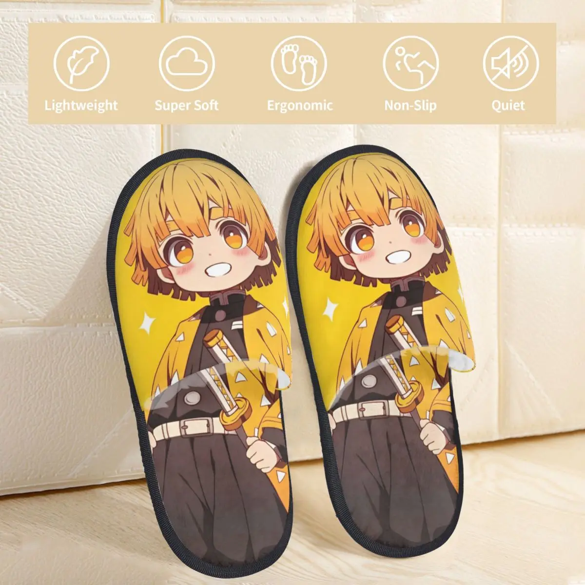 Winter Slippers Zenitsu Agatsuma Accessories Household Fur Slippers Slides Bedroom Anime Demon Slayer Cozy Non-slip Slides