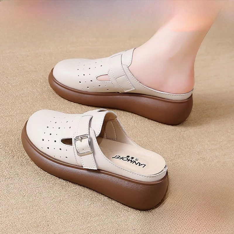 Women's Summer 2025 New Outerwear Genuine Leather Thick Bottom Slip-On Shoes Casual Style Hollow out Design Comfortable mid Heel