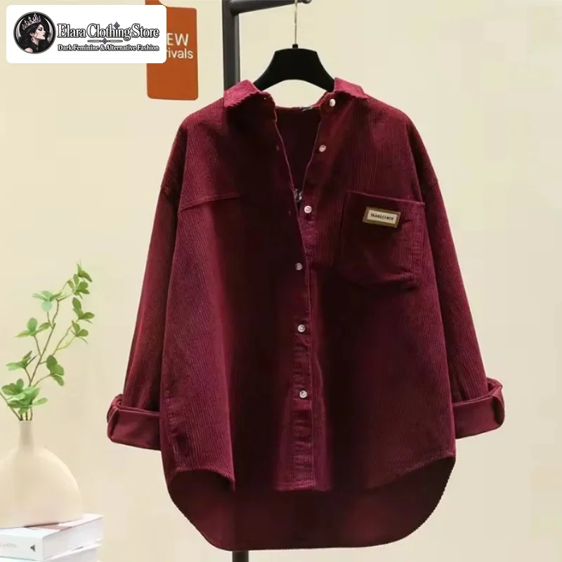 Women Casual Button Up Shirt Ribbed Texture Point Collar Long Sleeves Drop Shoulder Loose Fit Chest Pocket Design Autumn Winter