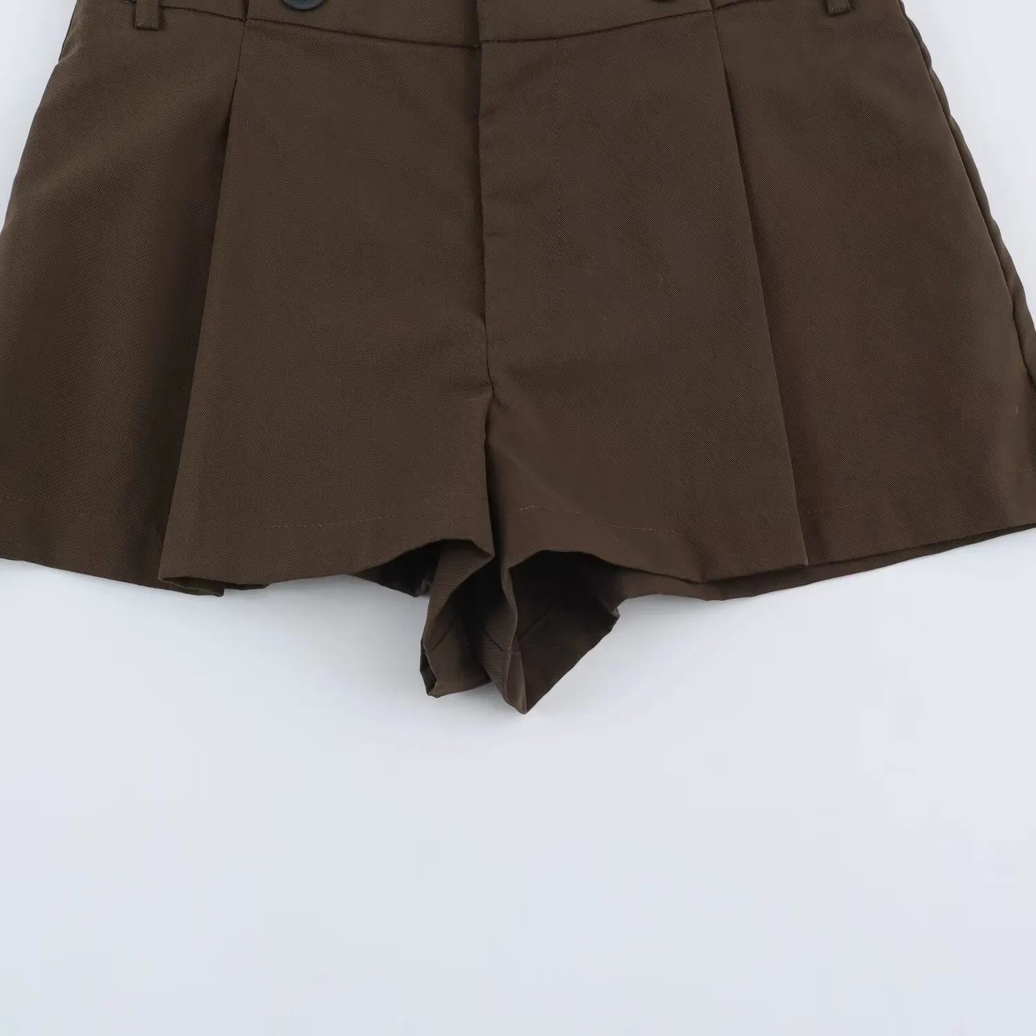 KASLEAD Fashionable Women's Short Pants Buttoned Pleated Versatile High Waist Straight Leg Polyester Fiber Ladies' Trousers