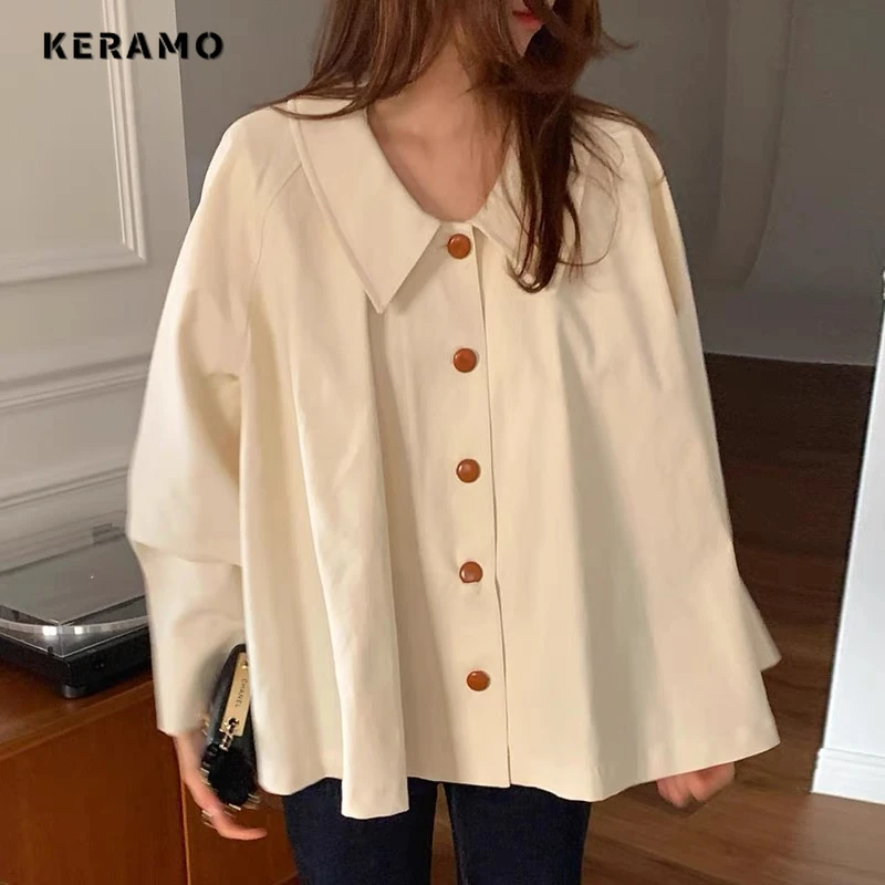 Vintage Elegant Style Peter Pan Collar Solid Color Simple Blouses 2024 Spring Women Office Lady Loose Long Sleeve Chiffon Shirts