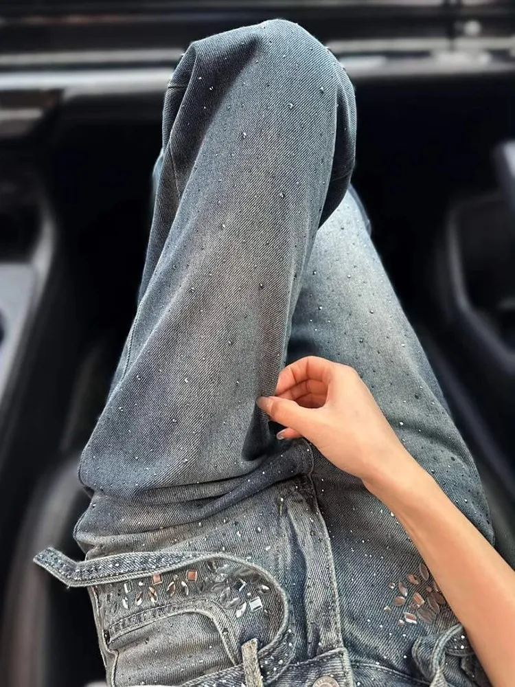 High Waist Wide Leg Straight Cut Jeans Belted Shiny Sequins Spring New Style Slimming a Line Pants Comfortable Casual Denim