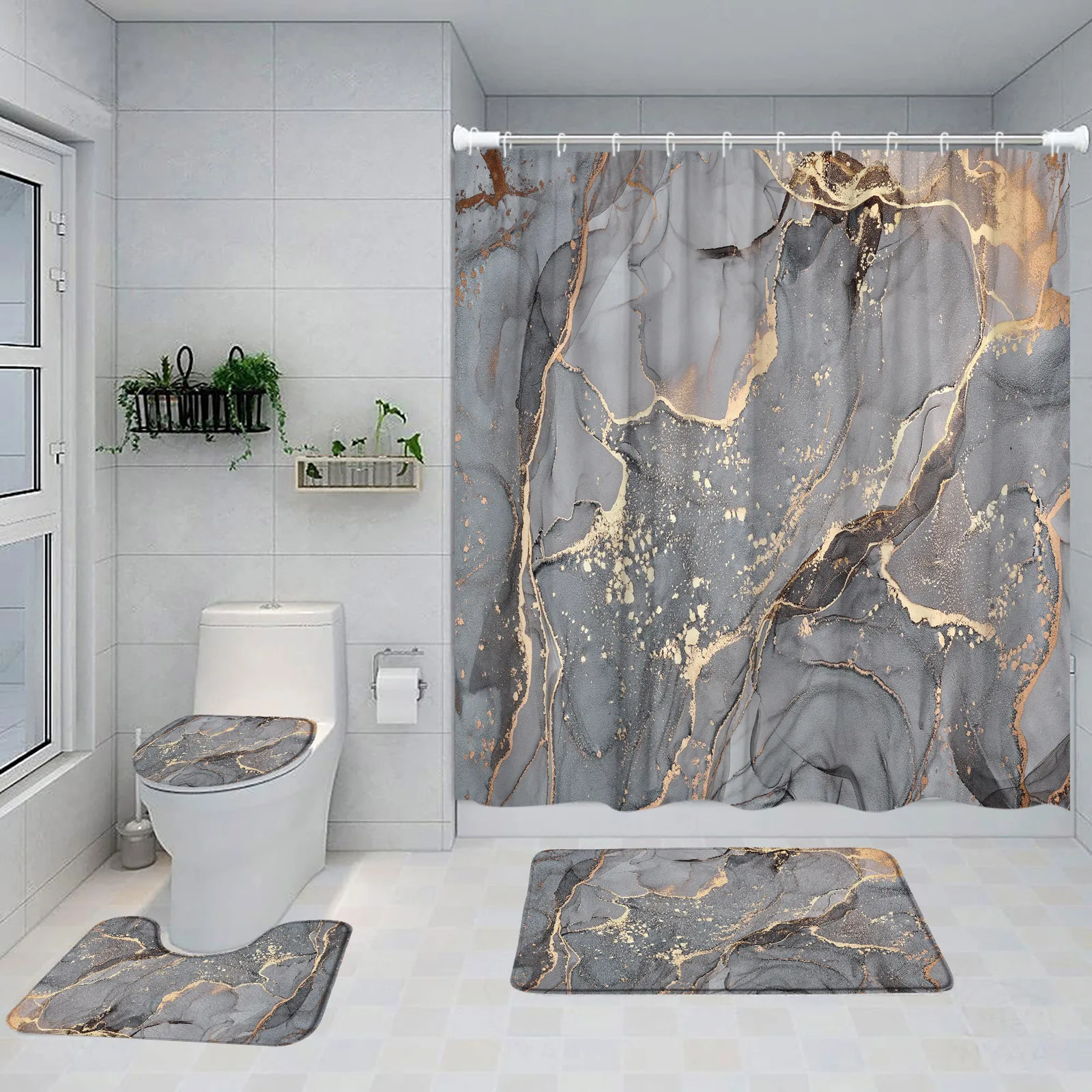 Abstract Marble Shower Curtain Set Gold Lines Black Grey Pattern Modern Luxury Home Bathroom Decor Non-slip Rug Toilet Lid Cover