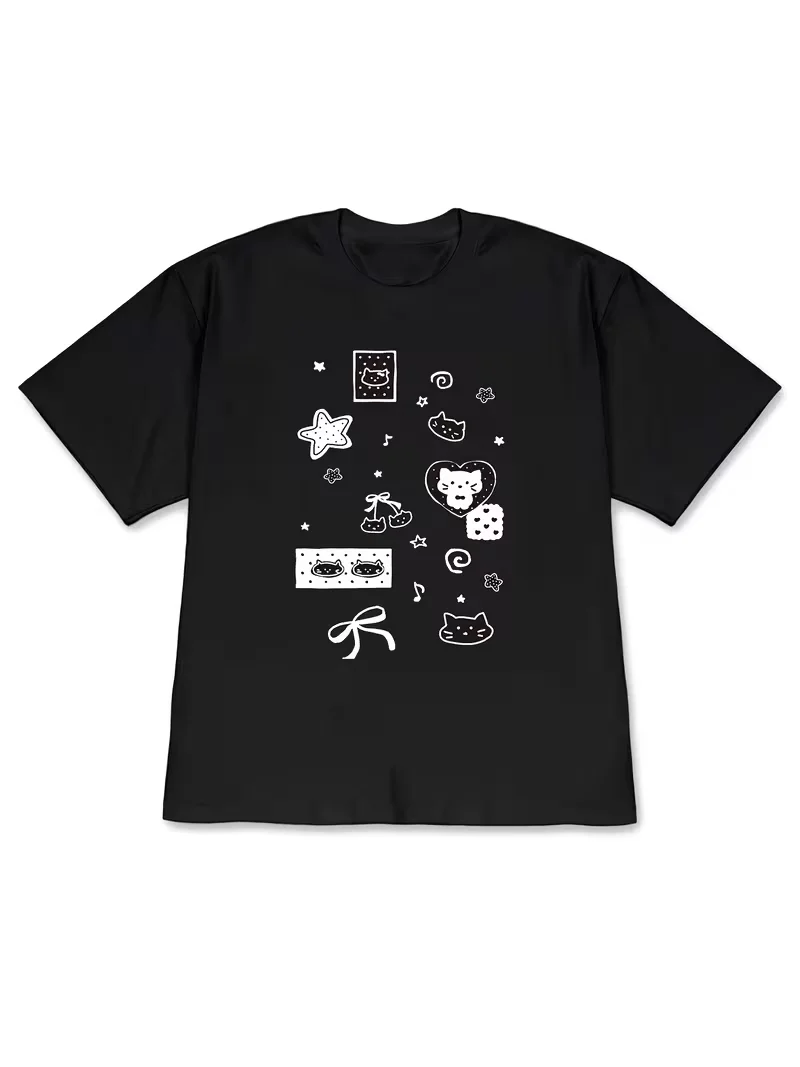 Dot Bow Cat T-shirt Korean Hand Drawn Printed Short Sleeved Shirt Women Round Neck Daily Cute Daily Summer Comfortable Y2k Tops