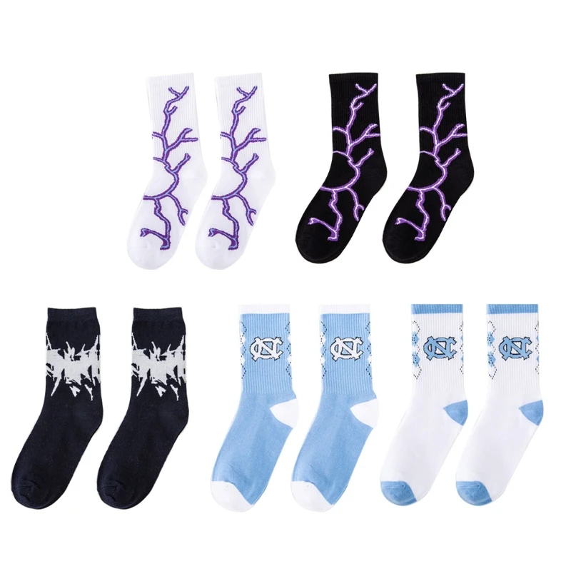 

Korean Unisex Ribbed Cotton Socks Harajuku Hip Hop for Lightning Pattern Print Skateboard Basketball Sports Street