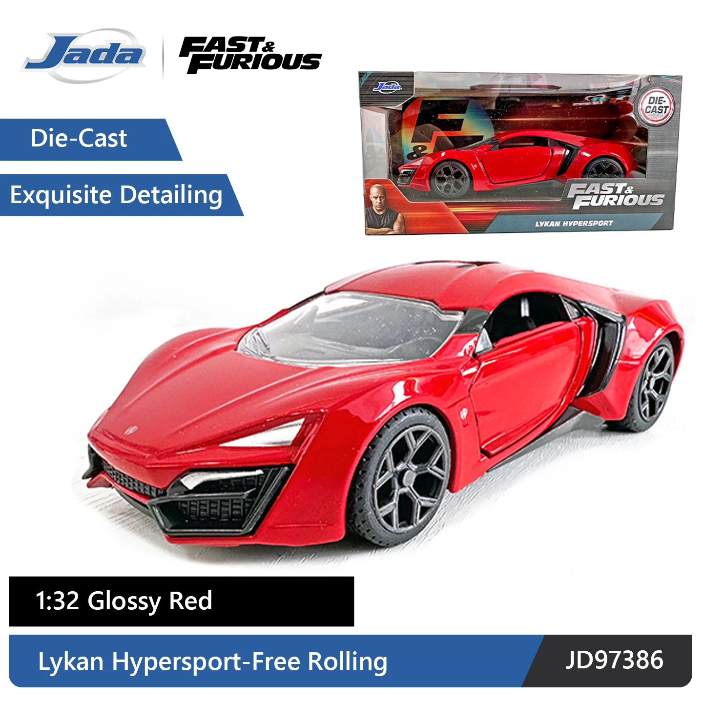 JADA 1:32 Die-Cast Model Lykan Hypersport - Glossy Red with Free-Rolling Wheels JD97386