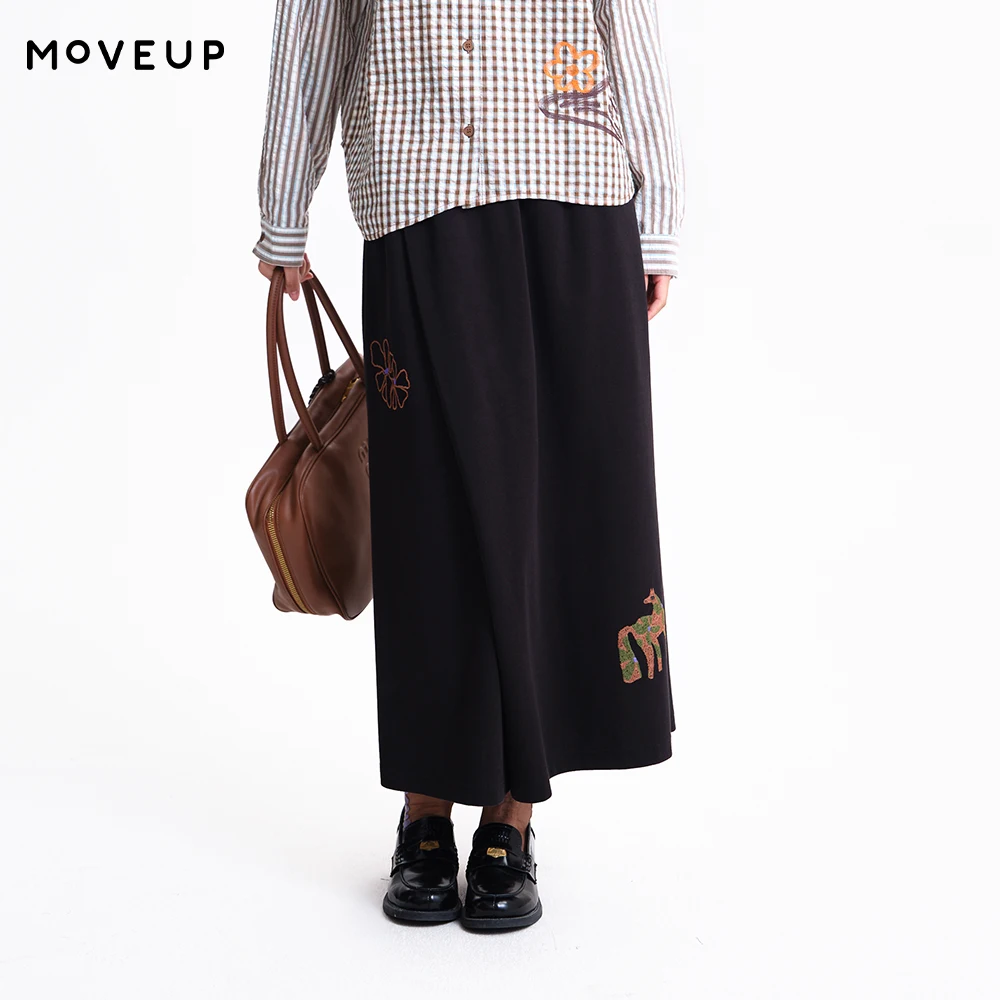 

MOVEUP Women's Casual Straight Pant 2026 Spring New Elastic Waist Patch Pocket Fun Embroidery Office Cropped Trousers 3ELC10102