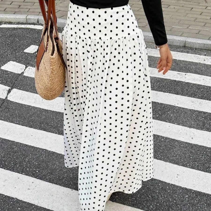 Women French Style White Polka Dot Midi Skirt, High Waist Flowy A Line Long Skirt, Elegant Casual Party Skirt