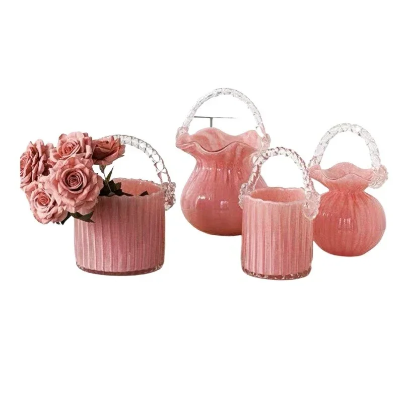 

Light luxury pink portable glass pleated home small basket fruit plate living room fresh and simple glazed vase