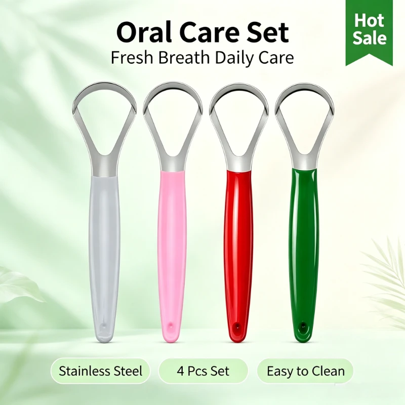 4Pcs Large Stainless Steel Tongue Scraper Set,Non-Slip Plastic Handle Tongue Cleaner,Reusable Oral Hygiene Tool,Remove Tongue