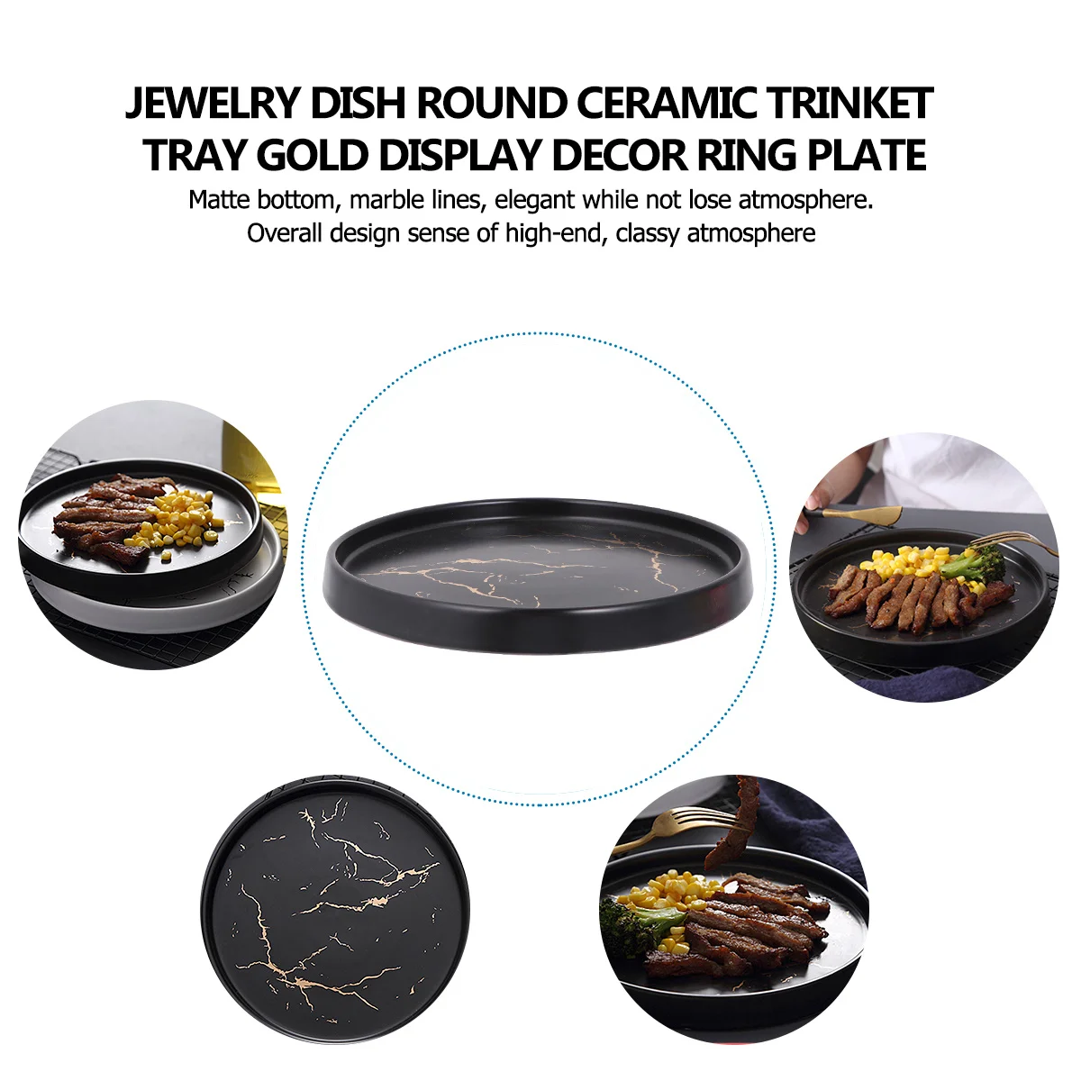 

1Pcs Round Ceramic Marble Jewelry Dish Gold Display Plate for Ring Earring Trinket Tray Decorative Dessert Food Plate Mat Bottom