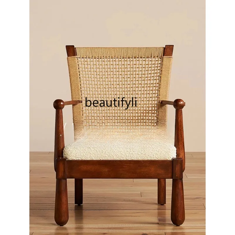 

Mid-Ancient French Rattan Chair Vintage Rattan Leisure Chair Balcony Armrest Silent Wind Single-Seat Sofa Chair