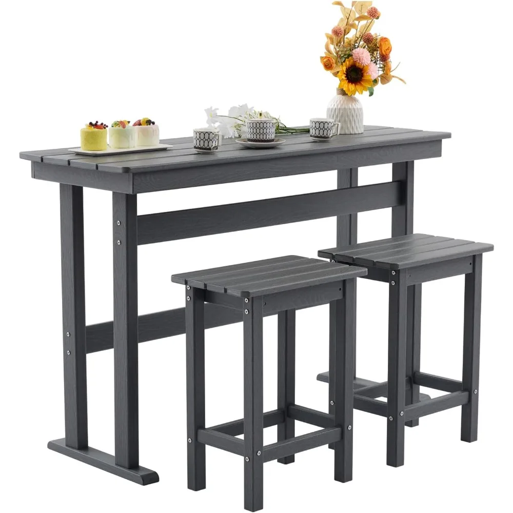

3 Pcs HDPE Outdoor Bar Set of 2 Includes Bar Height Table and Chairs, Patio Bar Stools Set for Bistro, Poolside, Backyard, Gray