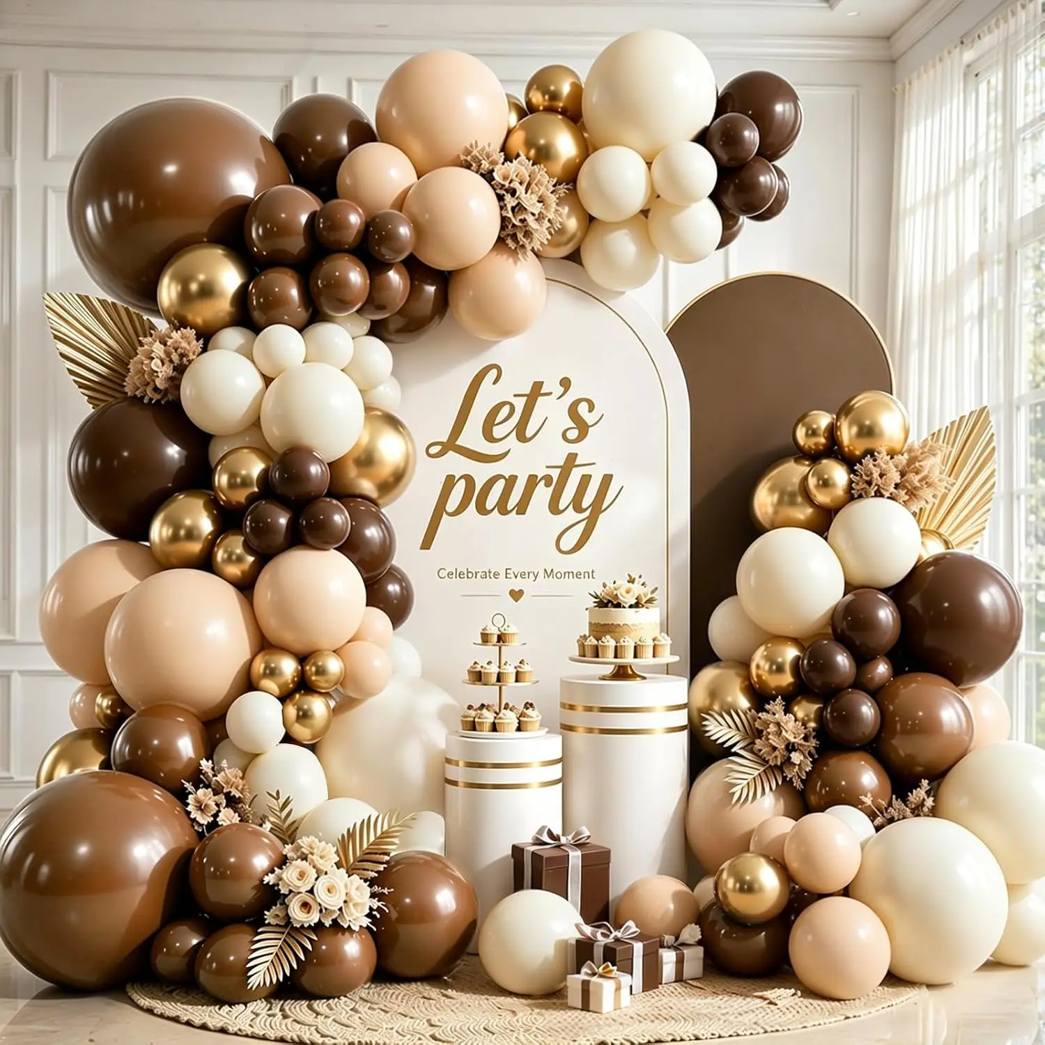 115Pcs Brown Beige Sand White Balloons Garland Arch Kit Metallic Gold Balloons for Wedding Baby Shower Birthday Party Decoration