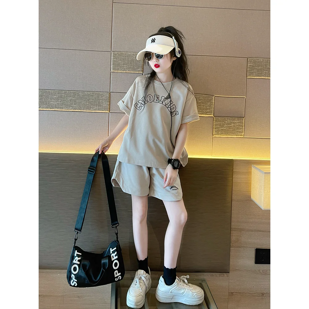 

Летний комплект со штанами для девочек, крутая уличная детская одежда, комплект из двух предметов для больших детей, недеформируемая ткань, легко носить