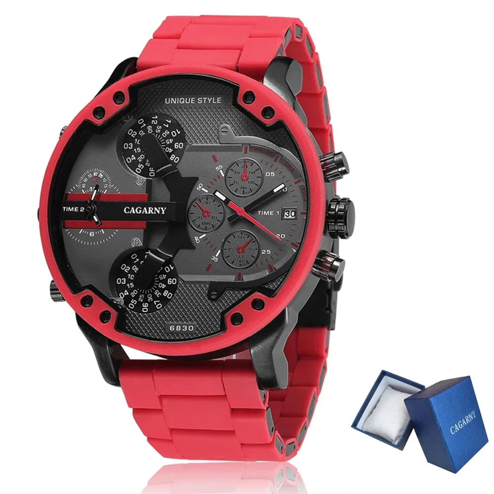 Dropshipping 57mm 3D Big Dial Red Watch Men Silicone Steel Band Mens Wristwatch Casual Quartz Watch 2 Time Military Reloj Hombre