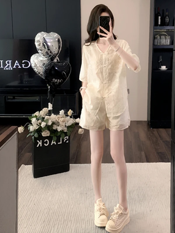 Elegant Casual Fashion Set Women's New Chinese Style Shirt Top Shorts Two-Piece Cotton V-Neck Button-Up Summer Outfit
