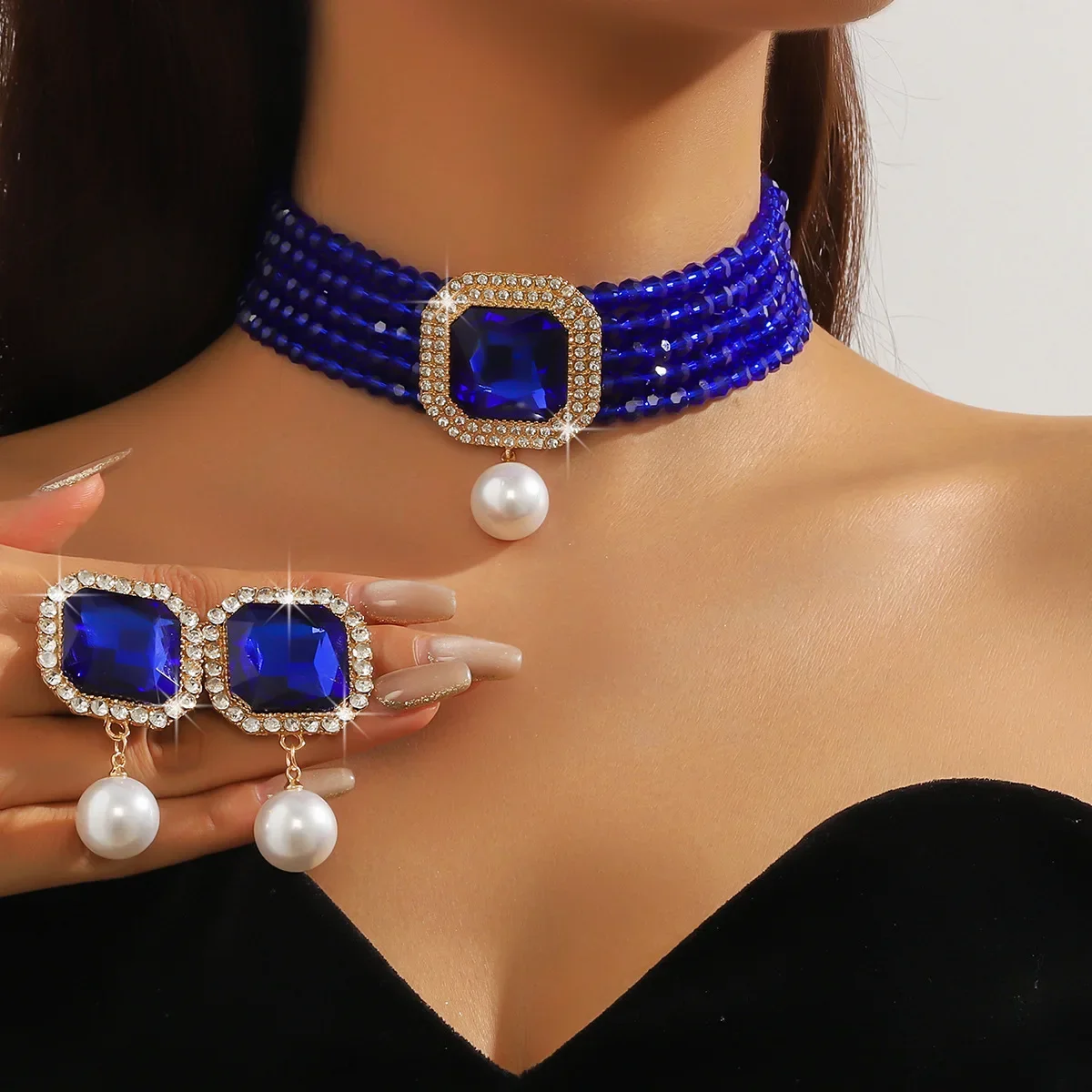 Vintage Multilayer Green Red Blue Black Crystal Necklace Geometric Square Pearl Earrings For Women Weddings Banquet Jewelry Sets