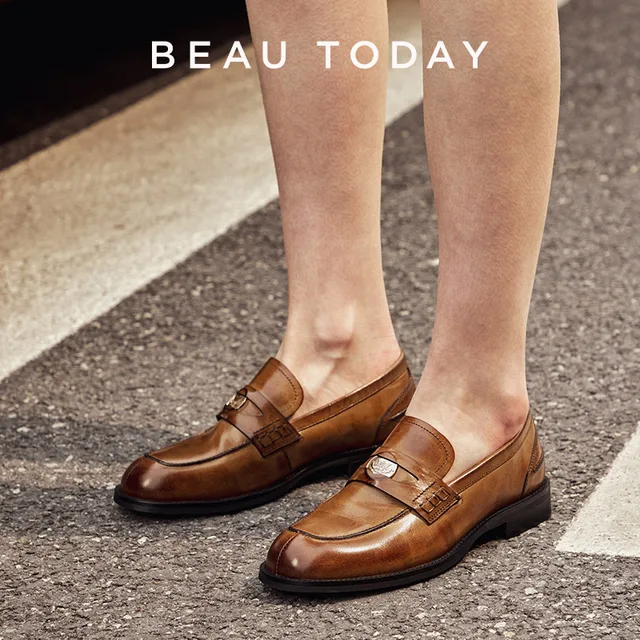 BeauToday Penny mokasyny kobiet prawdziwej skóry cielęcej Slip On okrągły nosek kwadratowy obcas płytkie Casual wiosenna na zewnątrz panie buty 26084