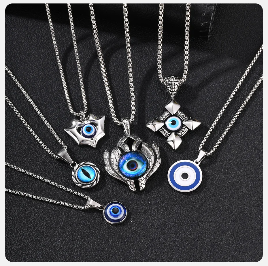 Vnox Herren Edelstahl Blaues Böses Auge Anhänger Halskette Vintage Graue Gedrehte Lünette Kastenkette Halsketten Punk Amulett Schmuck Geschenk – Detail 5