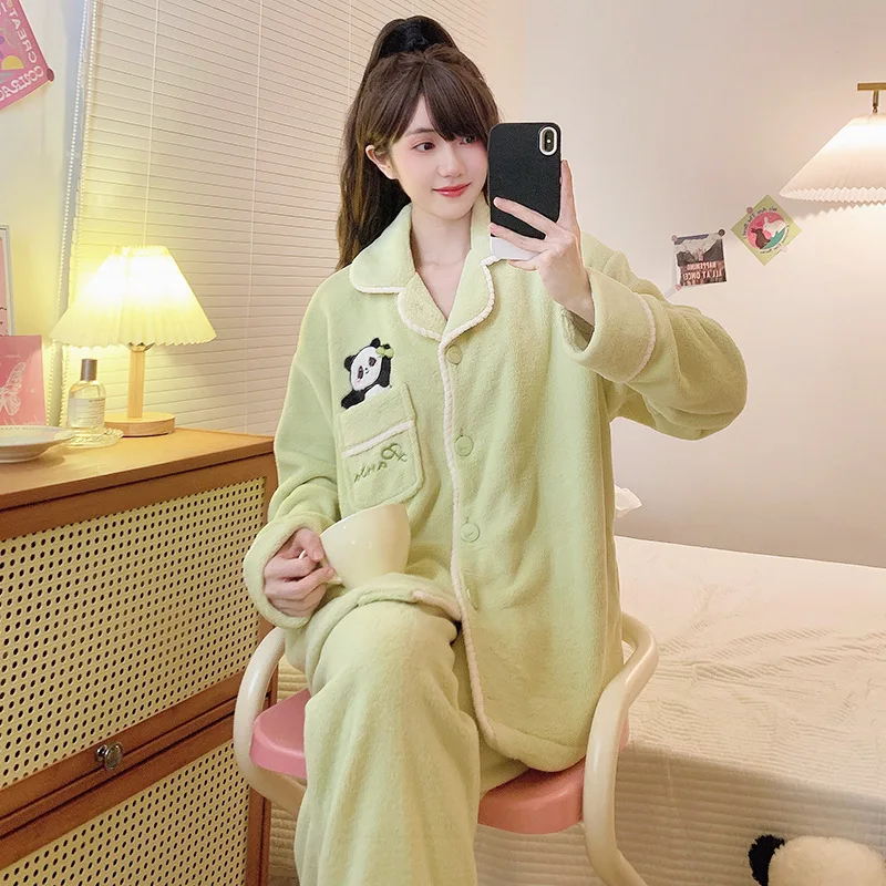 

Women's Pajama Set Sleepcoat Nightgown Homewear Loungewear Thickened Girls' Velvet Warm Long Sleeves Coral Fleece Autumn Winter