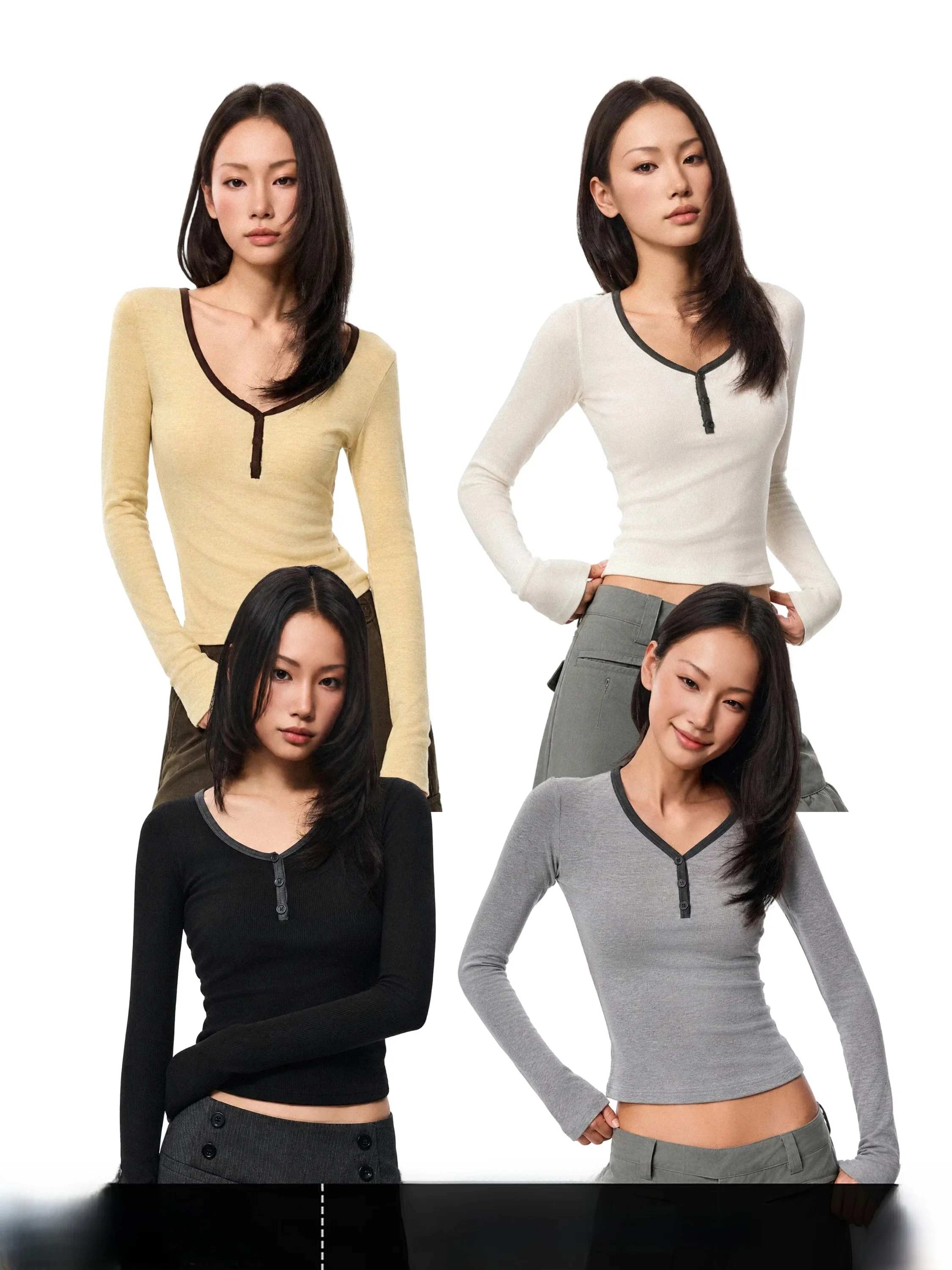 GoGo Burn American Pure Color Knitted Long Sleeve T-Shirt Women's Short Style Waist-Cinching Versatile Top for Autumn