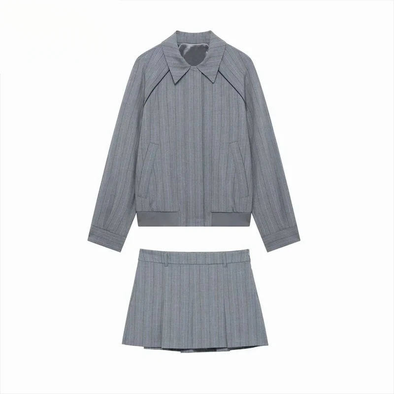 

2025 Spring New Women's Striped Print Long Sleeve Pilot Jacket Coat Pinstripe Temperament Fashion Mid-waist Mini Skirt